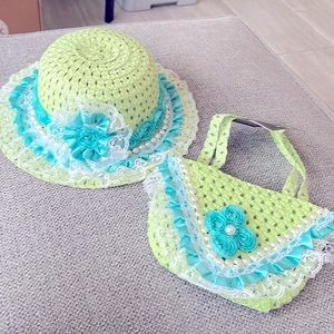 Beautiful young ladies, lime, Green straw, hat, and hand bag set- hand decorated